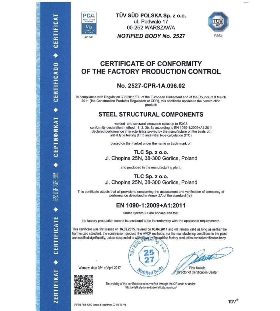 Certyfikat Zgodności Systemu Kontroli Produkcji w Zakładzie, 2017