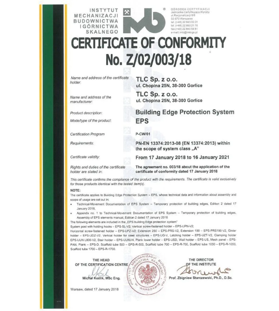 Certyfikat Zgodności EPS – System Zabezpieczeń Krawędzi, 2018
