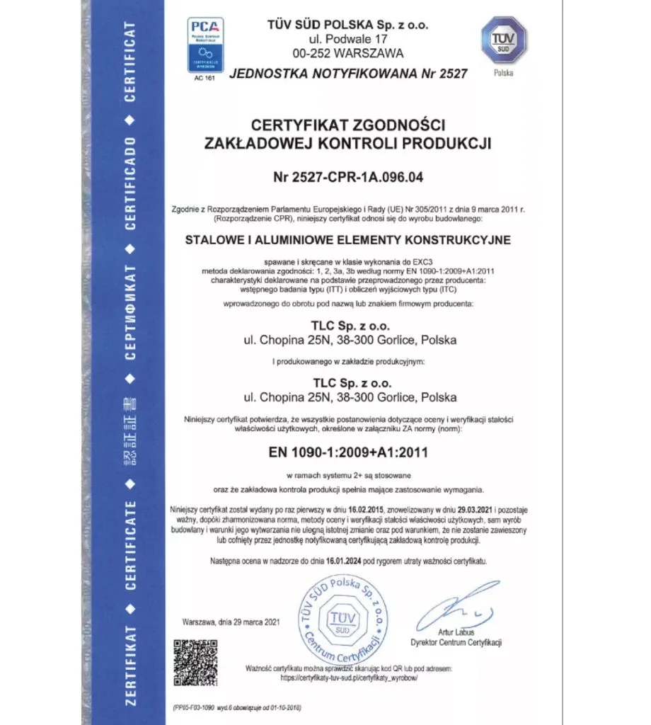 Certyfikat Zgodności Systemu Kontroli Produkcji w Zakładzie, 2021