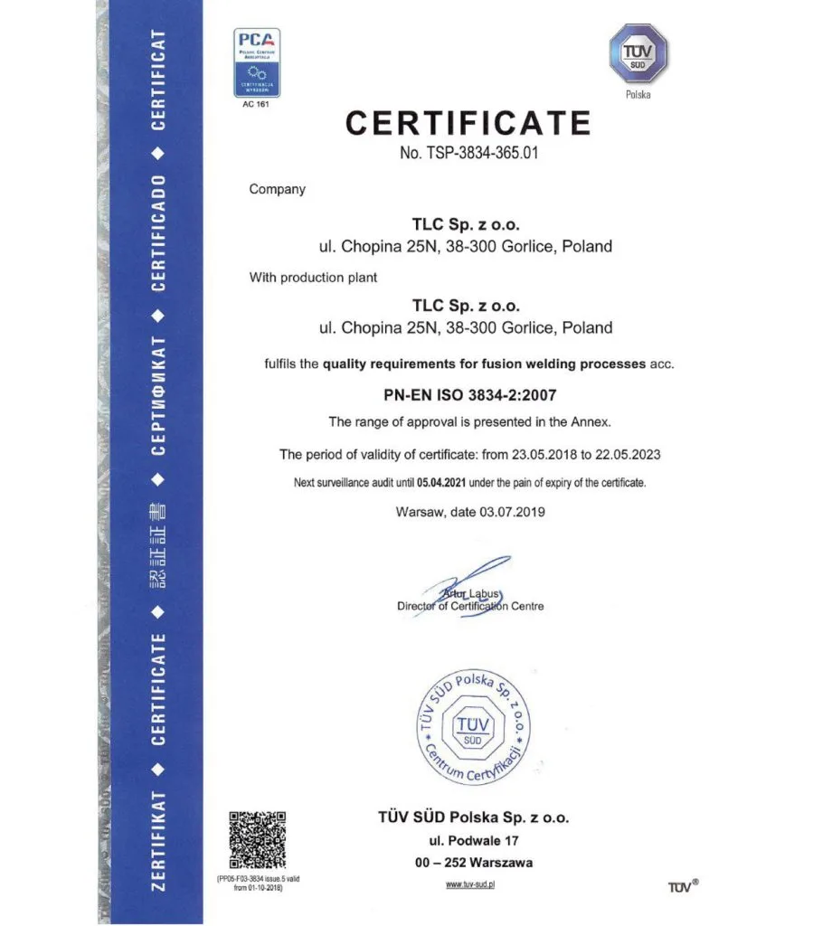 Certyfikat Wymagań Jakościowych dla Procesów Spawania