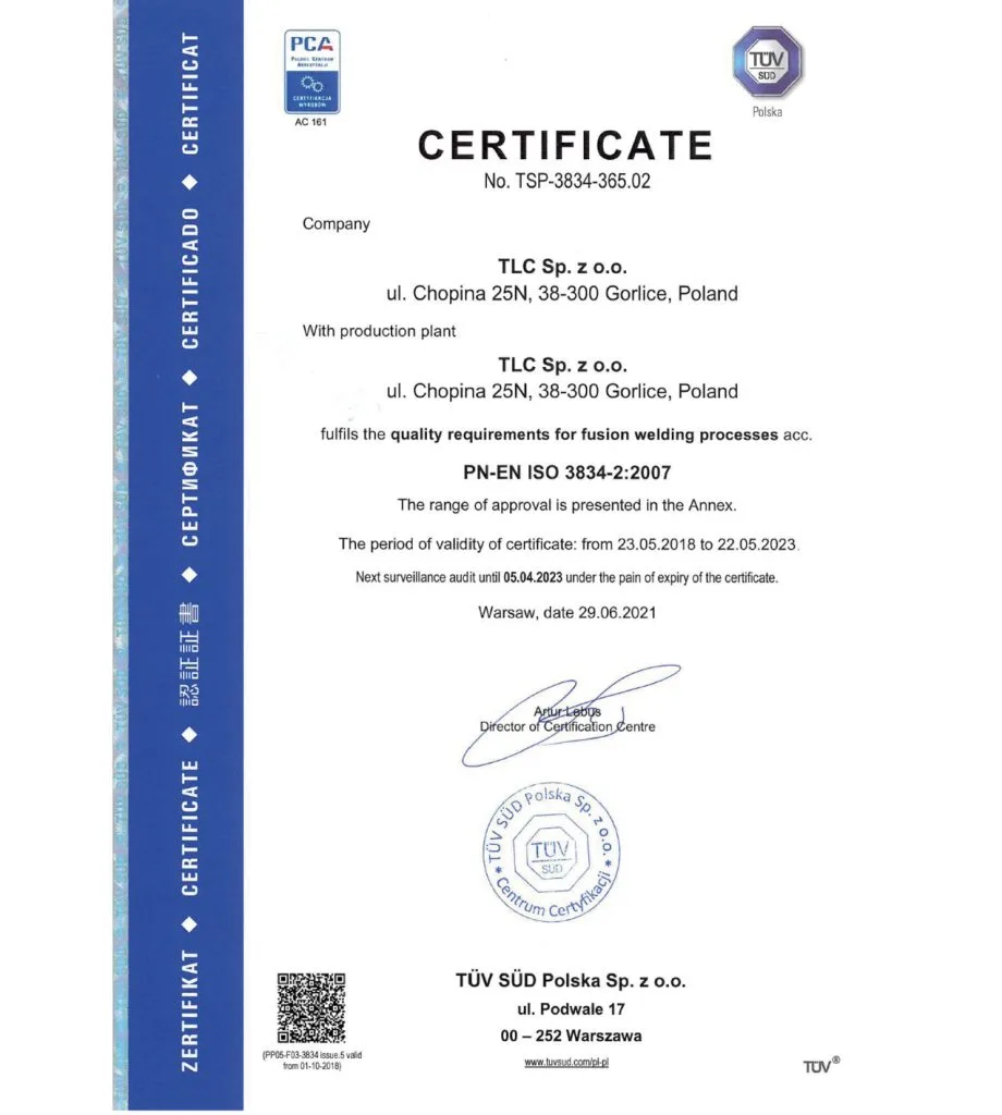 Certyfikat Wymagań Jakościowych dla Procesów Spawania 2021