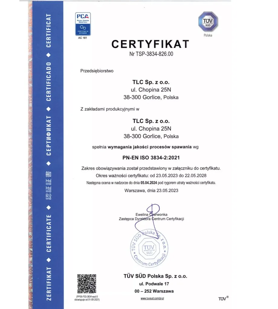 Certyfikat Wymagań Jakościowych dla Procesów Spawania