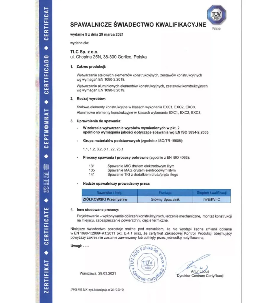 Certyfikat Spawania 2021