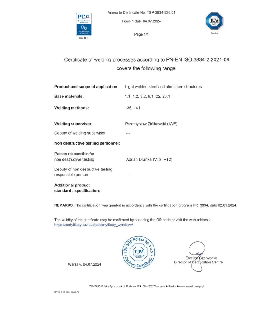 Certyfikat Wymagań Jakościowych dla Procesów Spawania