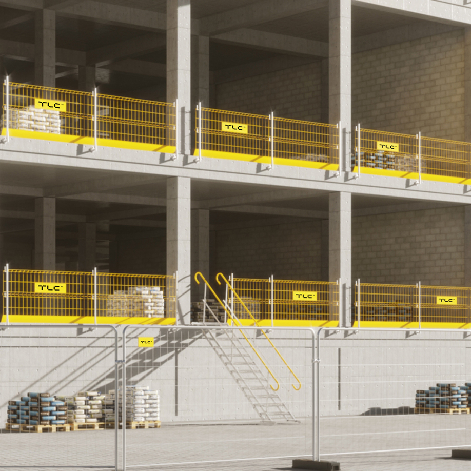 Multi level concrete structure secured with EPS edge protection and TAS access stairs