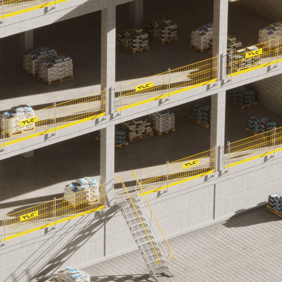 Multi level concrete structure secured with EPS edge protection and TAS access stairs