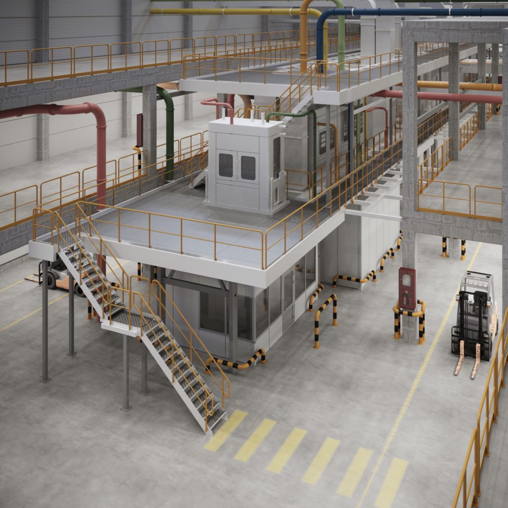 Multi-level metal platform with safety railings and stairs above an industrial floor 