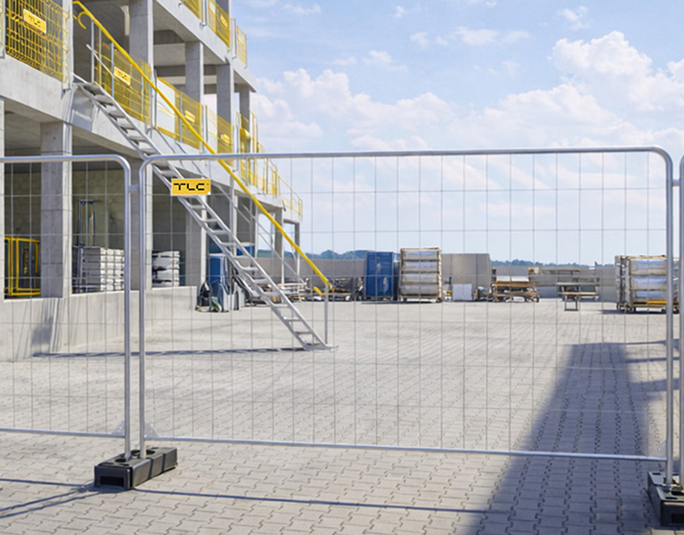 Temporary metal fencing and concrete building with stairs and yellow safety railings