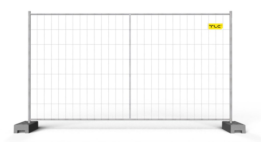A single TLC mobile temporary metal fence panel with two concrete bases