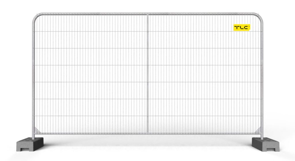 A single TLC mobile temporary metal fence panel with two concrete bases